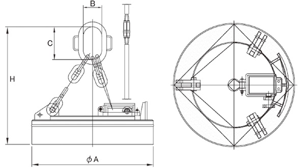 スクラップ移送用リフティングマグネット　外形寸法図